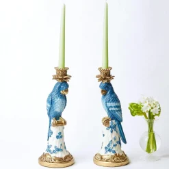 Blue & White Parrot Candle Holder (Pair)|Mrs. Alice Online