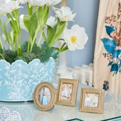 Blue Floral Tole Scalloped Planter|Mrs. Alice Best