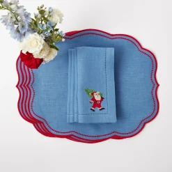 Blue Hand Embroidered Father Christmas Napkins (Set Of 4)|Mrs. Alice Discount