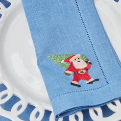 Blue Hand Embroidered Father Christmas Napkins (Set Of 4)|Mrs. Alice Discount