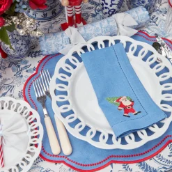 Blue Hand Embroidered Father Christmas Napkins (Set Of 4)|Mrs. Alice Discount