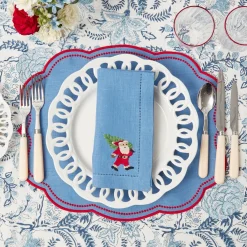 Blue Hand Embroidered Father Christmas Napkins (Set Of 4)|Mrs. Alice Discount