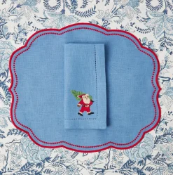 Blue Hand Embroidered Father Christmas Napkins (Set Of 4)|Mrs. Alice Discount