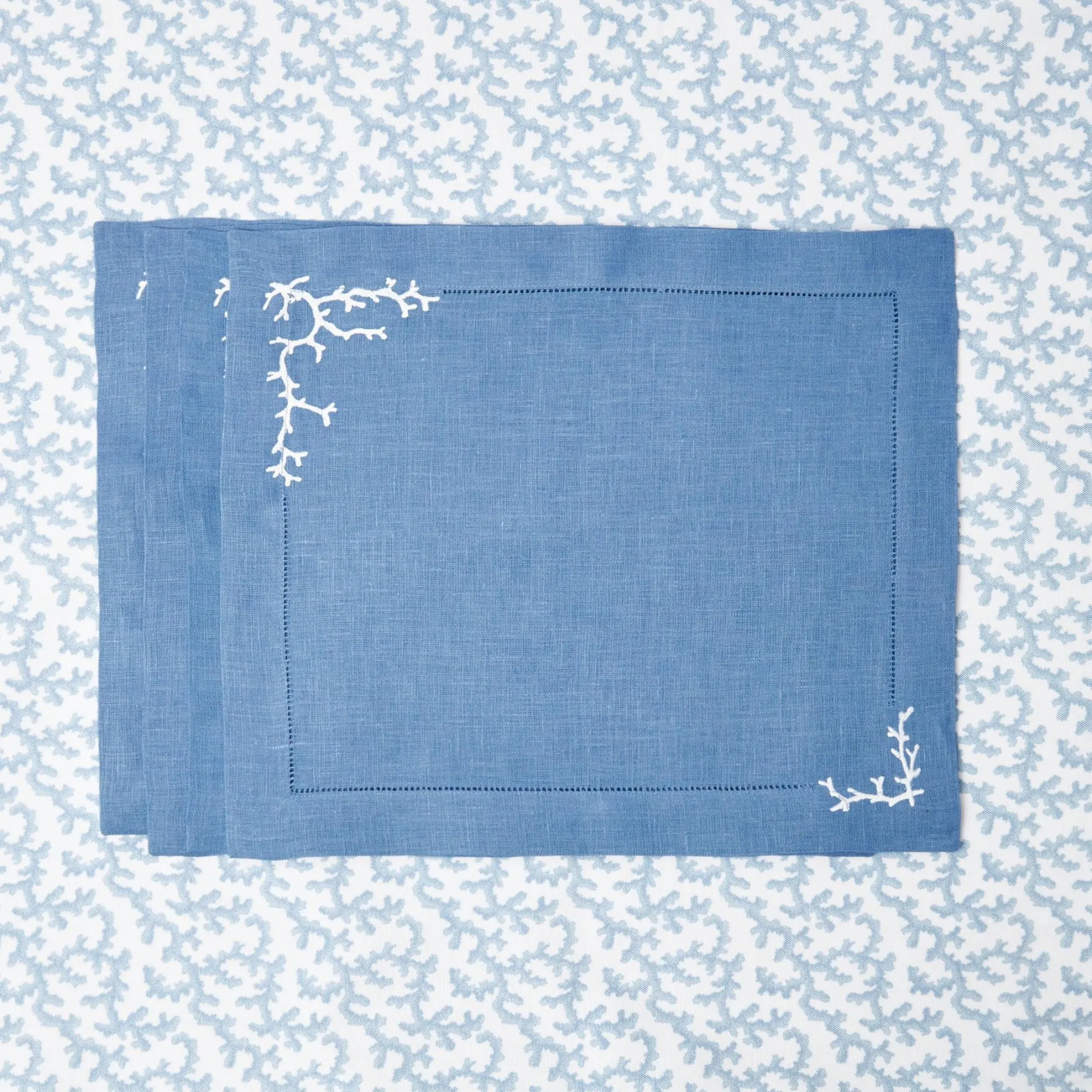 Coral Blue Linen Placemats (Set Of 4)|Mrs. Alice Clearance