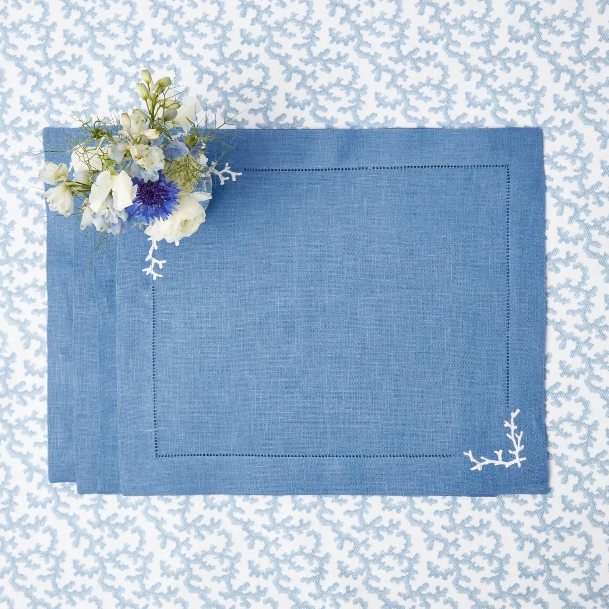 Coral Blue Linen Placemats (Set Of 4)|Mrs. Alice Clearance
