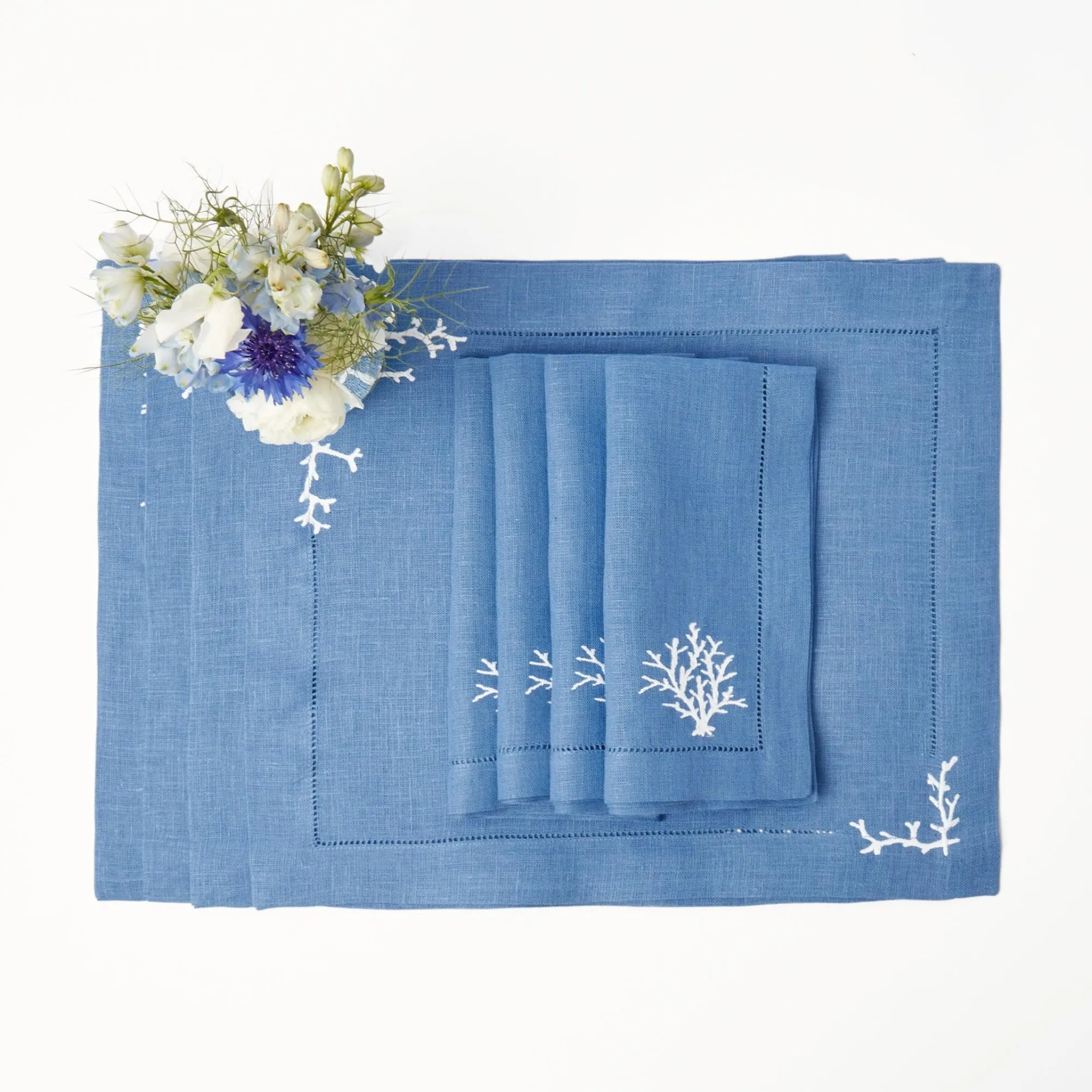 Coral Blue Linen Placemats (Set Of 4)|Mrs. Alice Clearance