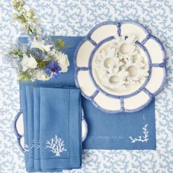 Coral Blue Linen Placemats & Napkins (Set Of 4)|Mrs. Alice New