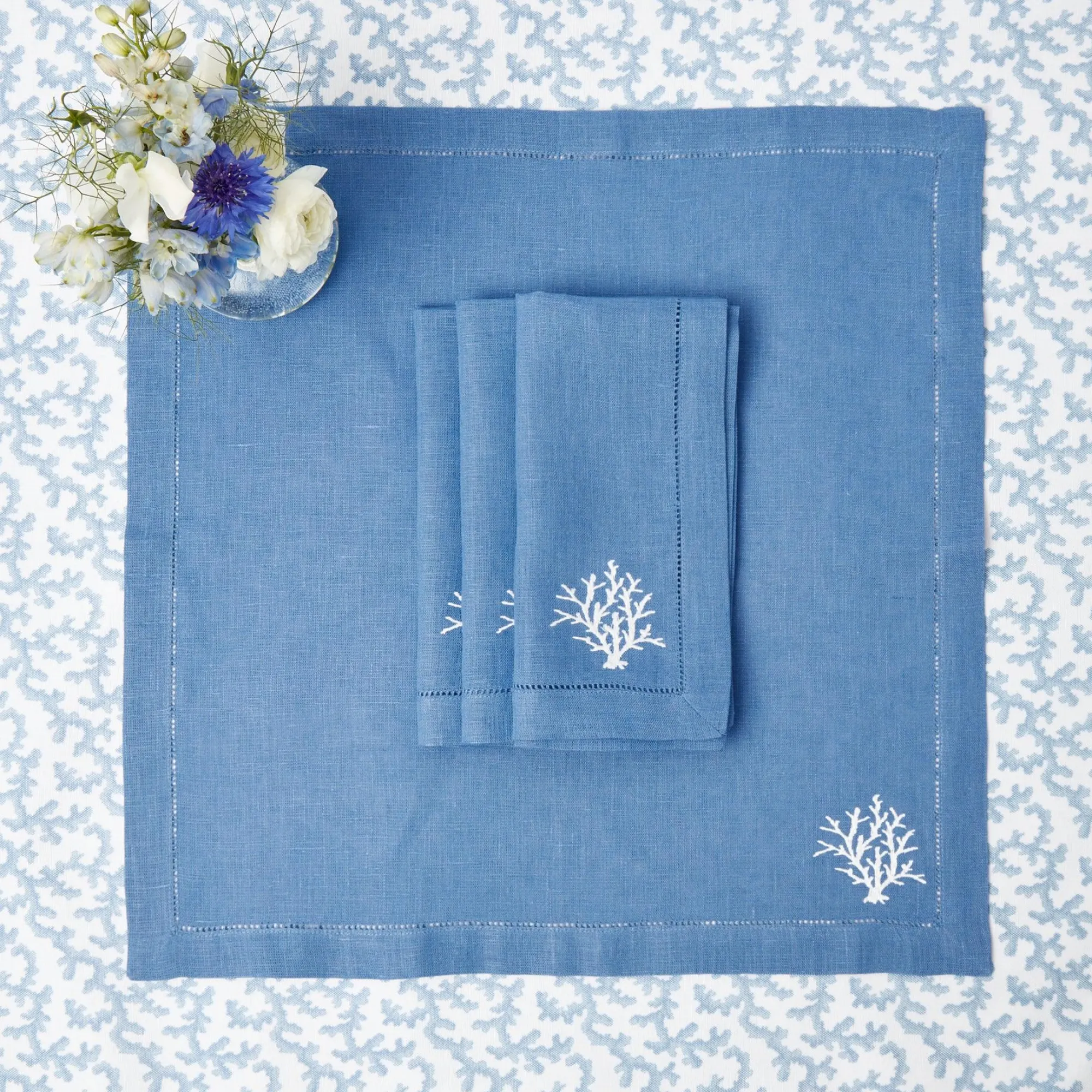 Coral Blue Linen Placemats & Napkins (Set Of 4)|Mrs. Alice New