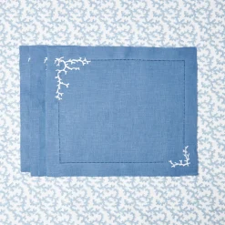 Coral Blue Linen Placemats & Napkins (Set Of 4)|Mrs. Alice New