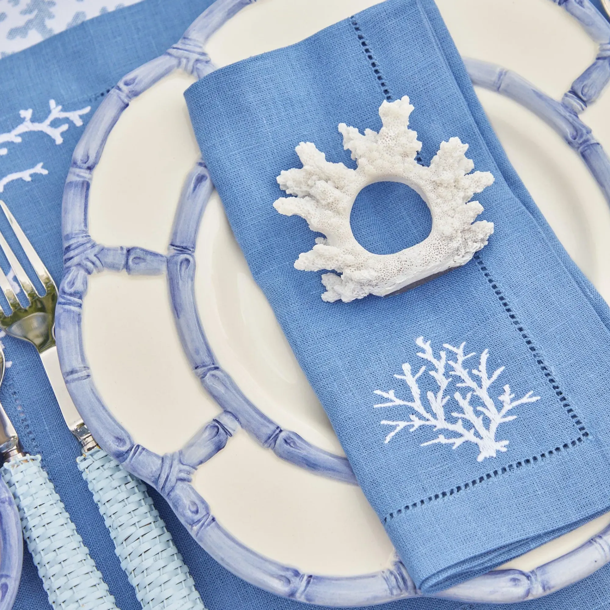 Coral Blue Linen Placemats & Napkins (Set Of 4)|Mrs. Alice New