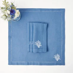 Coral Blue Linen Placemats & Napkins (Set Of 4)|Mrs. Alice New