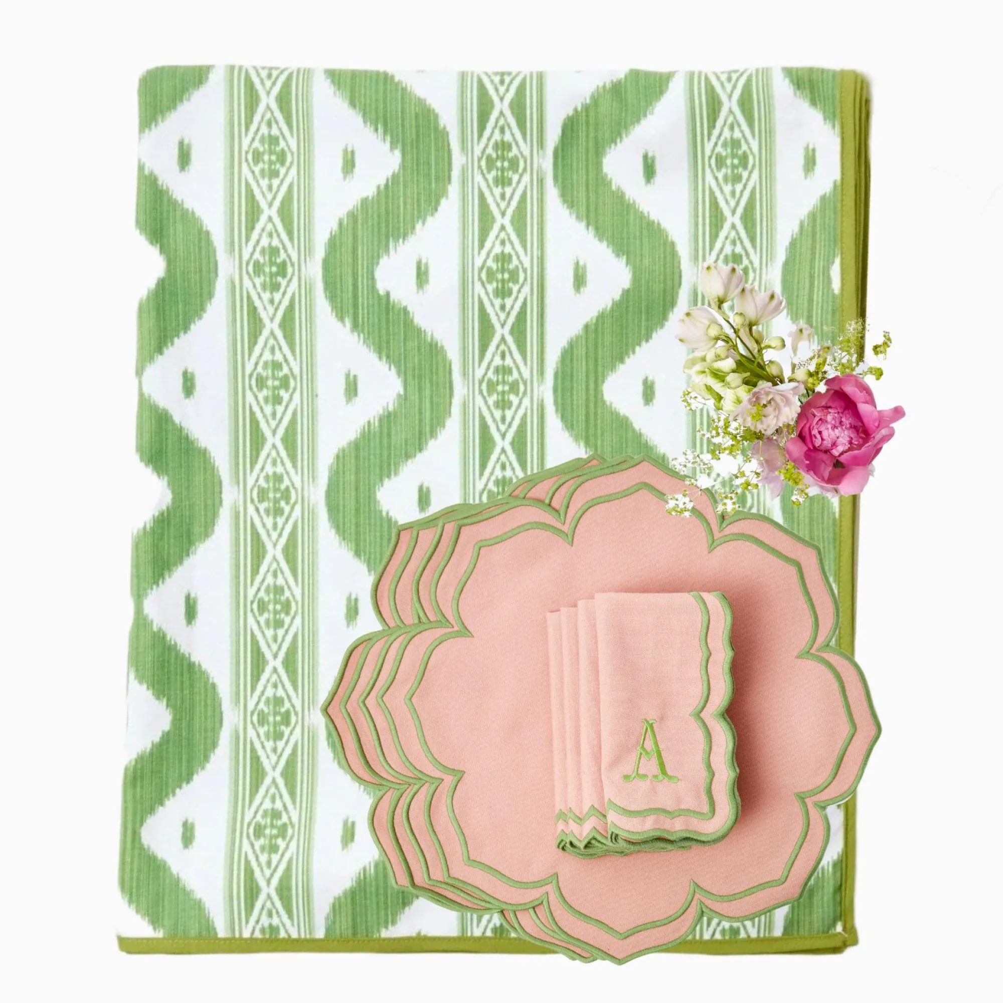 Green Ikat & Pink Fleur Linen Set|Mrs. Alice Hot
