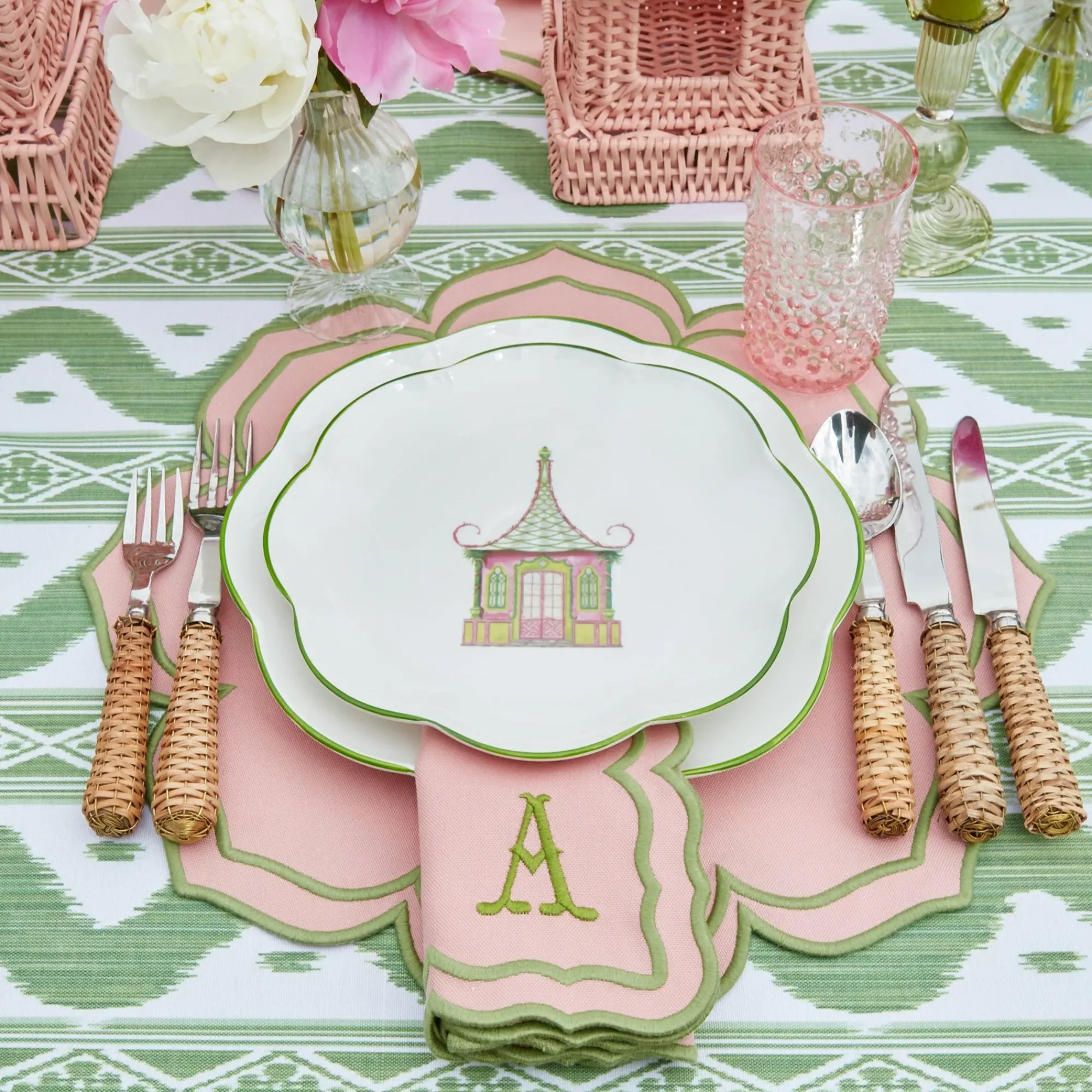 Green Ikat & Pink Fleur Linen Set|Mrs. Alice Hot