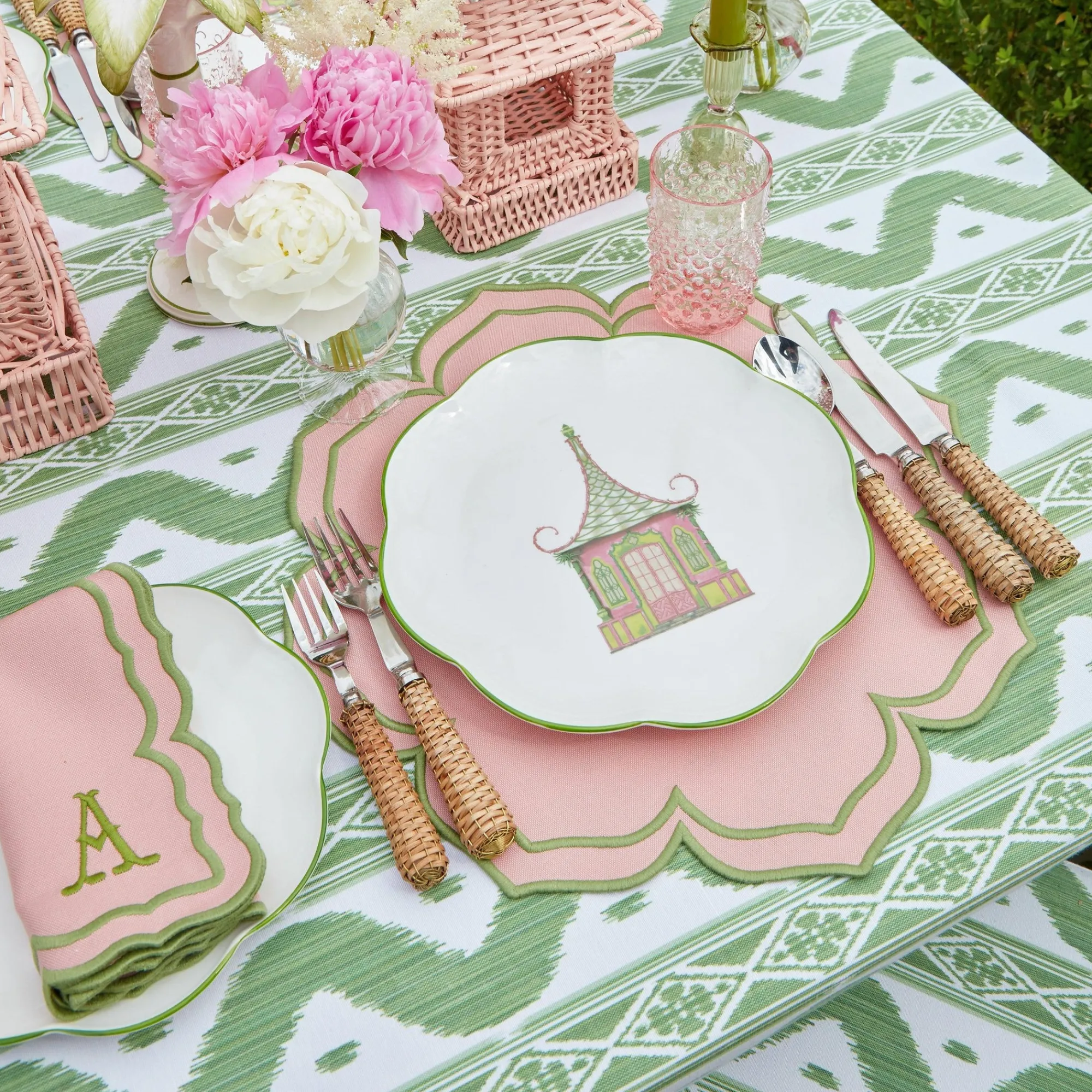 Green Ikat & Pink Fleur Linen Set|Mrs. Alice Hot