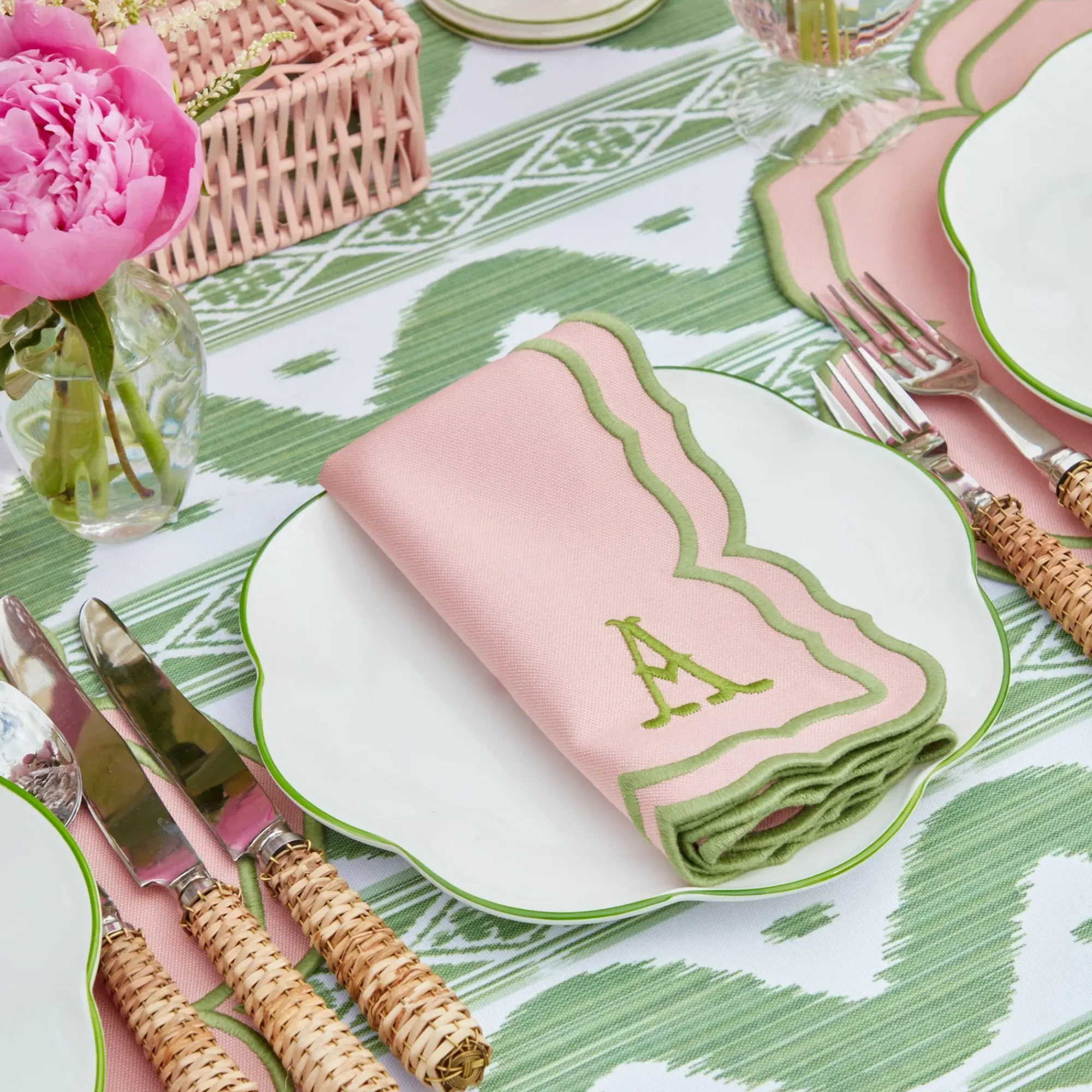 Green Ikat & Pink Fleur Linen Set|Mrs. Alice Hot