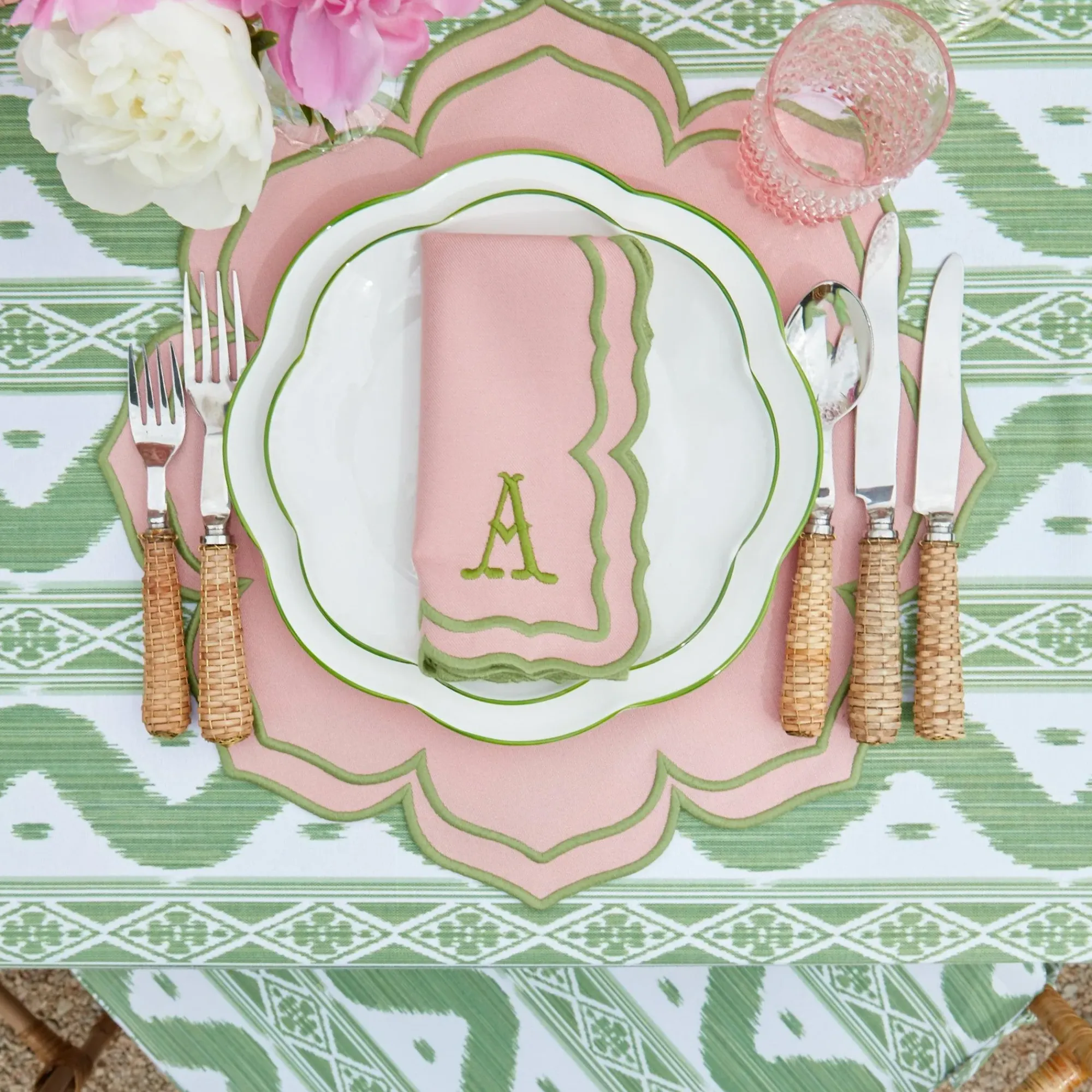 Green Ikat & Pink Fleur Linen Set|Mrs. Alice Hot