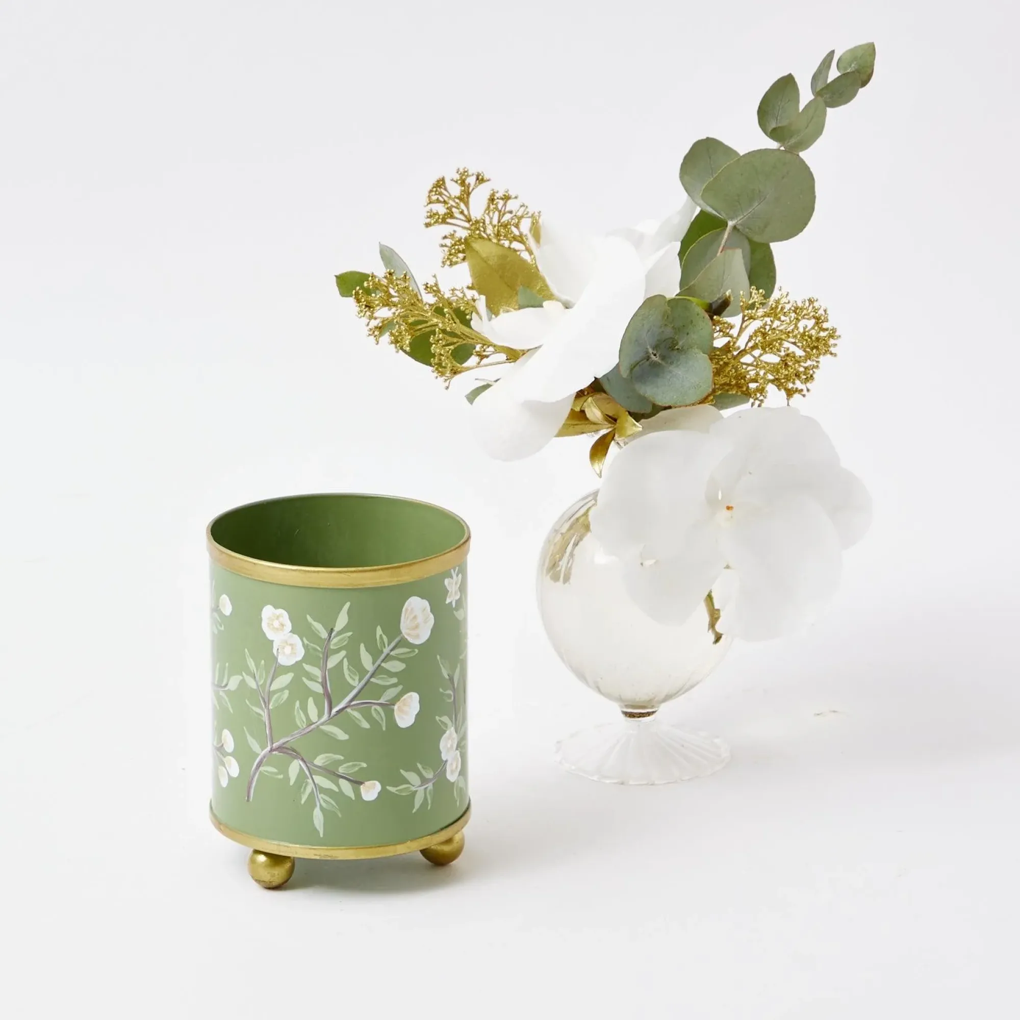 Hand Painted Olive Floral Tole Candle Pot|Mrs. Alice Sale