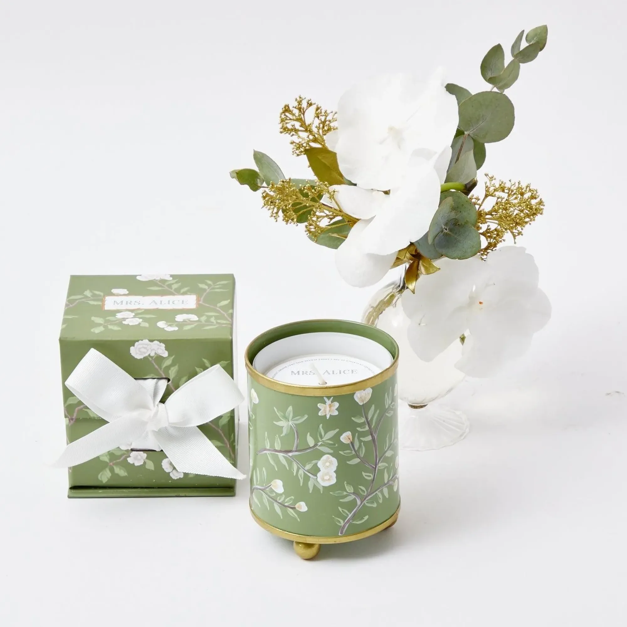 Hand Painted Olive Floral Tole Candle Pot|Mrs. Alice Sale