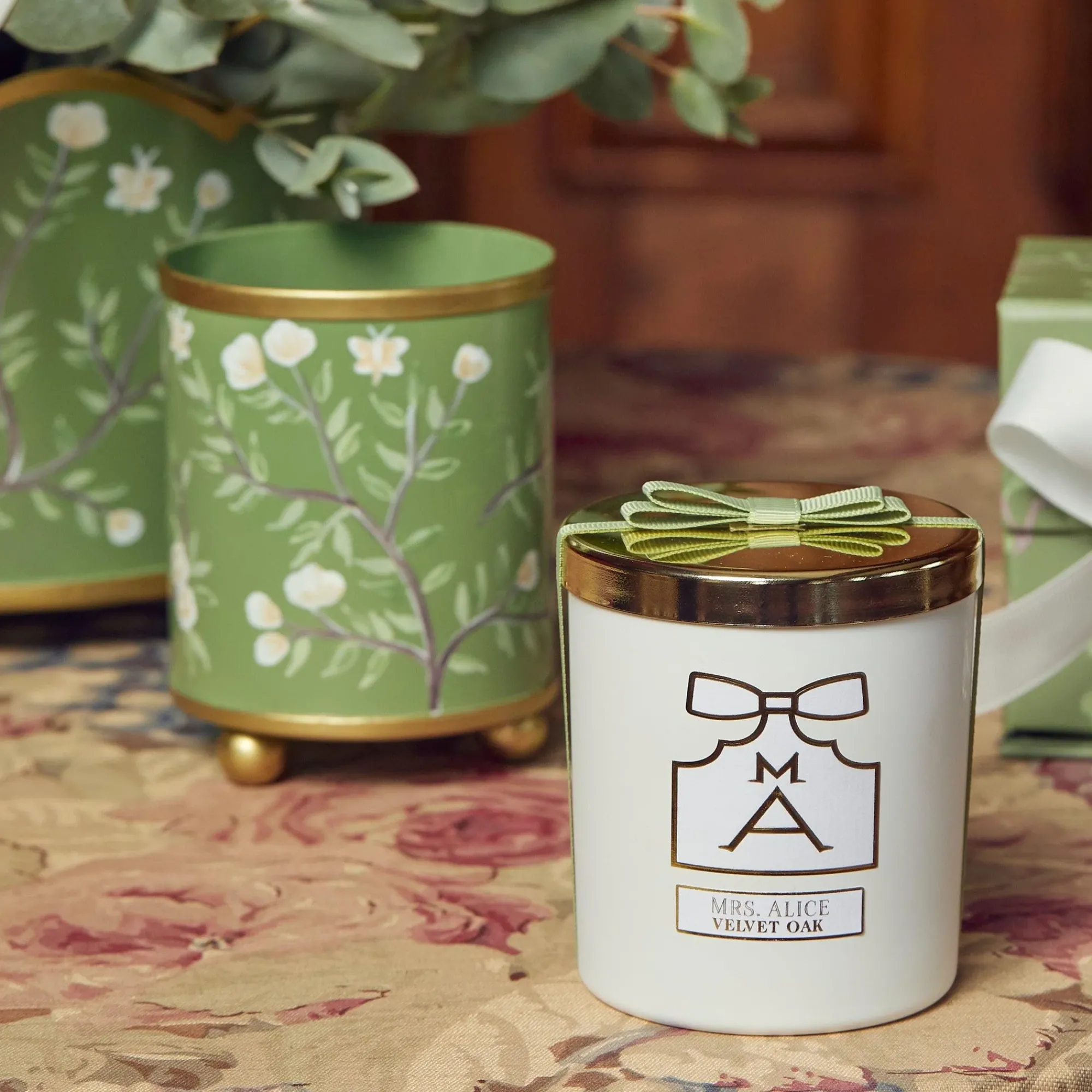 Hand Painted Olive Floral Tole Candle Pot|Mrs. Alice Sale
