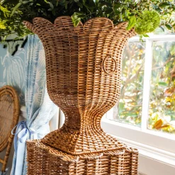 Liliana Scalloped Rattan Pedestal And Urn|Mrs. Alice Clearance