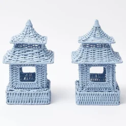 Mini Blue Rattan Pagoda Lanterns (Pair)|Mrs. Alice Clearance