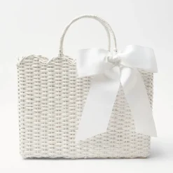 White Rattan Tote Bag (White Bow)|Mrs. Alice Sale