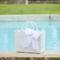 White Rattan Tote Bag (White Bow)|Mrs. Alice Sale