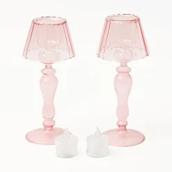 Pink Glass Lantern Tea Light Holder (Pair) - 24Cm|Mrs. Alice Outlet