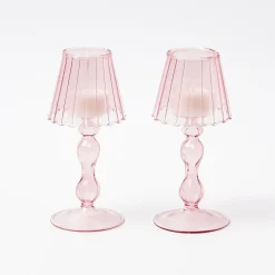 Pink Glass Lantern Tea Light Holder (Pair) - 18Cm|Mrs. Alice Sale