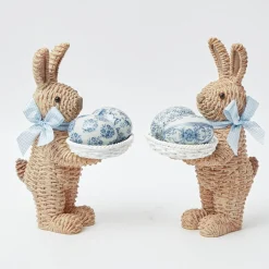 Rattan Blue Ribboned Rabbit With Basket (Pair)|Mrs. Alice Outlet