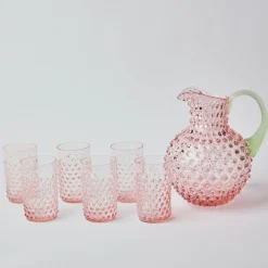 Rose Hobnail Jug With Emerald Handle & Glasses (Set Of 6)|Mrs. Alice