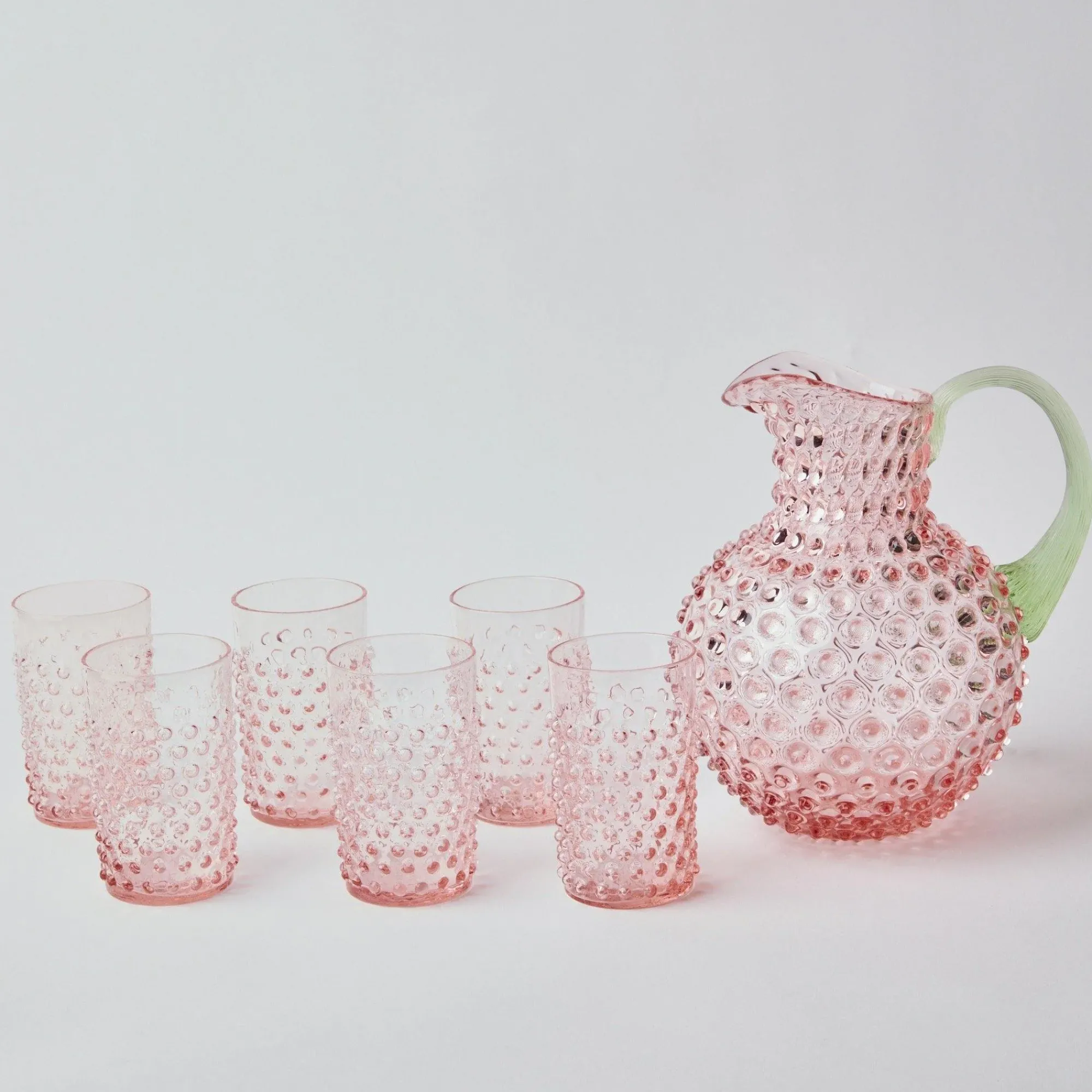 Rose Hobnail Jug With Emerald Handle & Glasses (Set Of 6)|Mrs. Alice