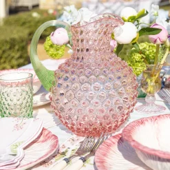 Rose Hobnail Jug With Emerald Handle & Glasses (Set Of 6)|Mrs. Alice