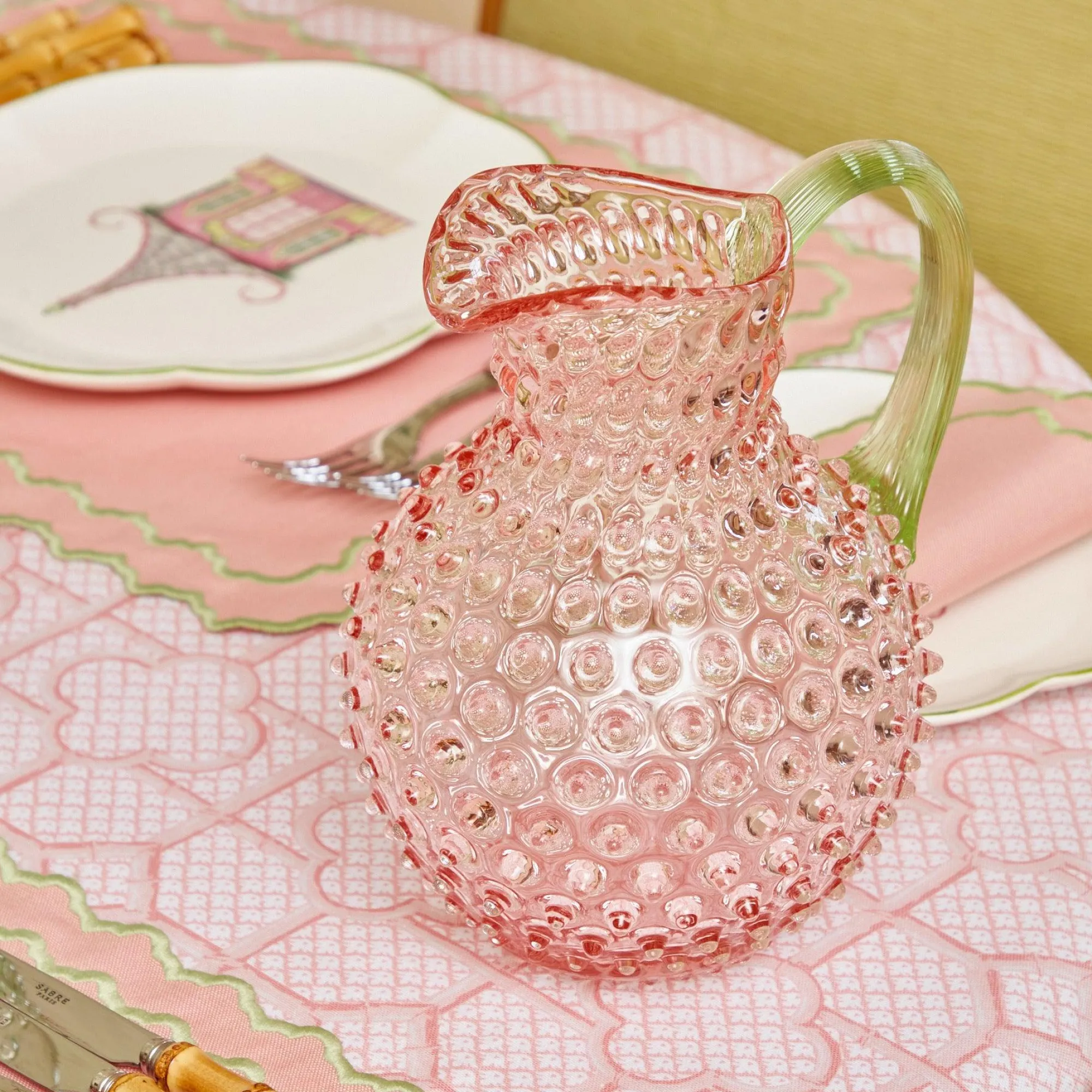 Rose Hobnail Jug With Emerald Handle|Mrs. Alice New