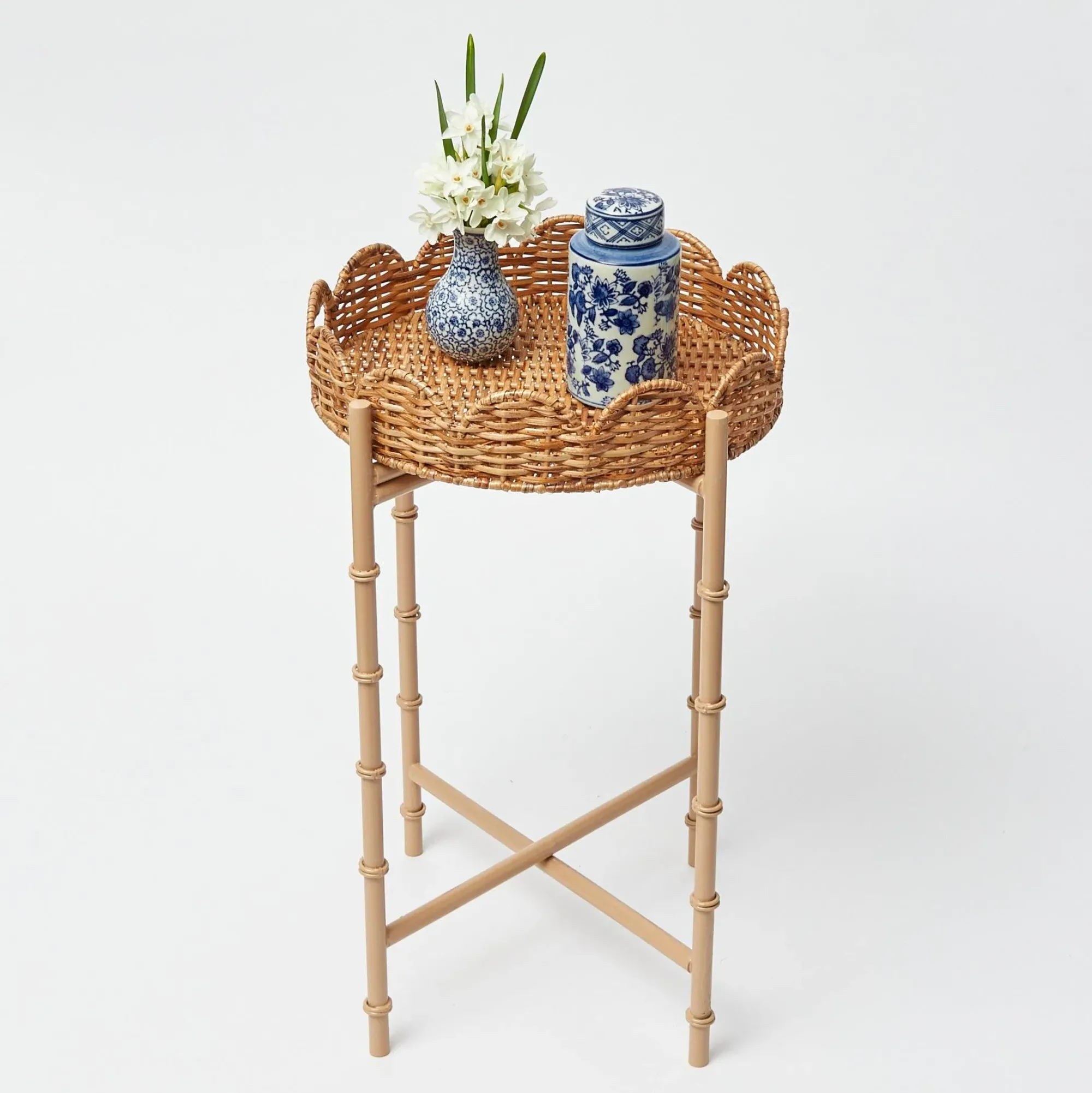 Round Scalloped Rattan Tray With Stand|Mrs. Alice Discount