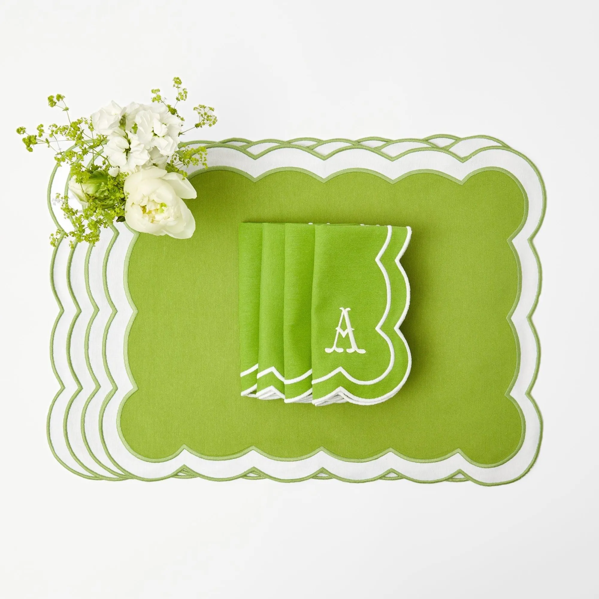 Serena Applique Green Placemats & Napkins (Set Of 4)|Mrs. Alice Best
