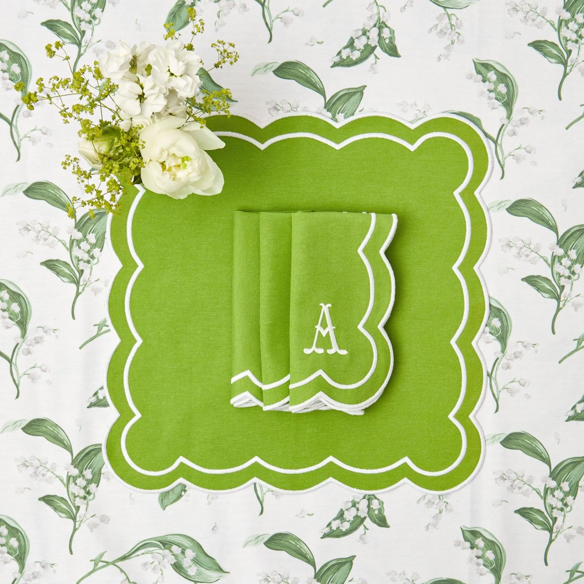 Serena Applique Green Placemats & Napkins (Set Of 4)|Mrs. Alice Best