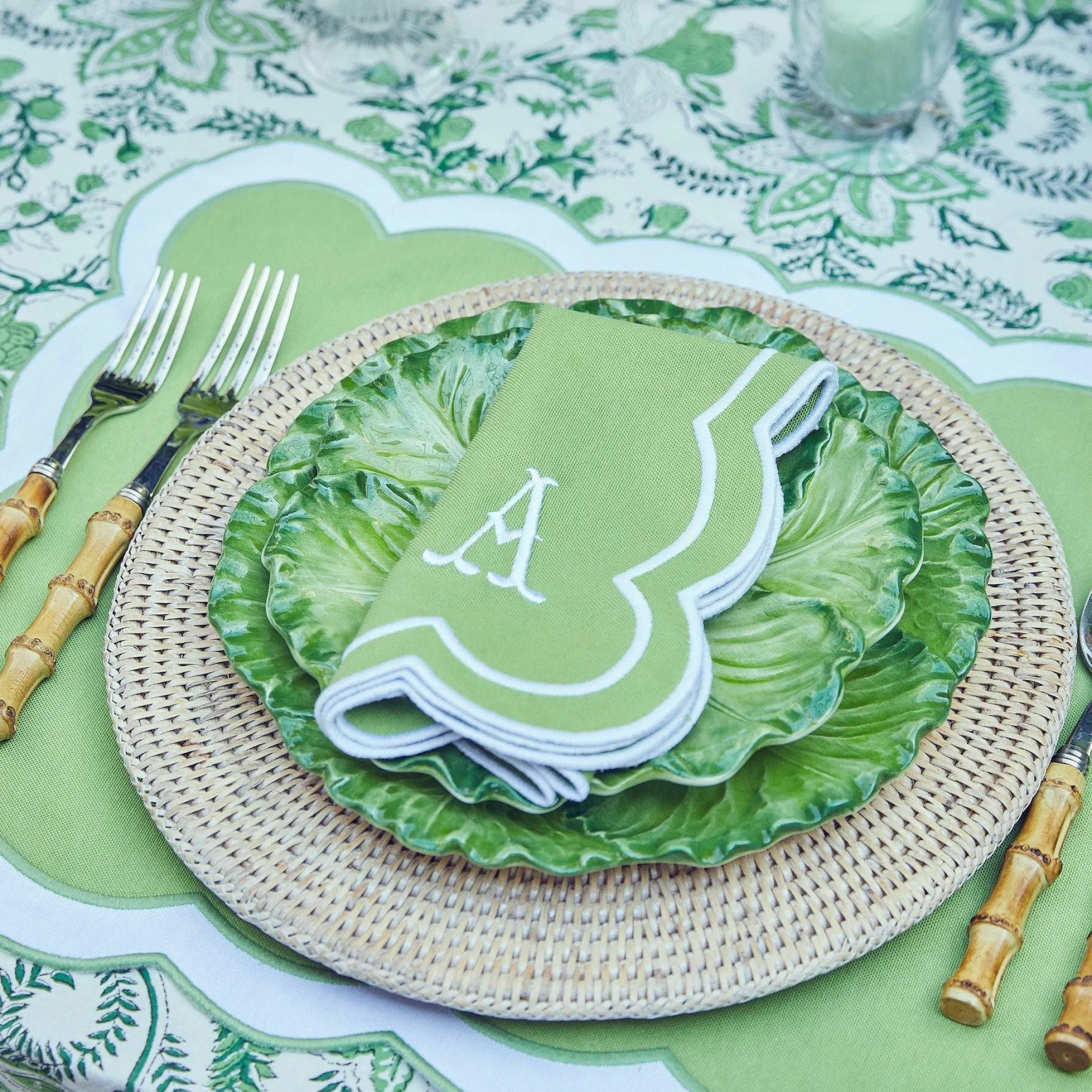 Serena Applique Green Placemats & Napkins (Set Of 4)|Mrs. Alice Best