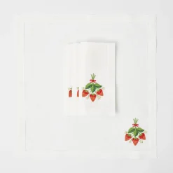 Strawberry White Linen Embroidered Napkins (Set Of 4)|Mrs. Alice New