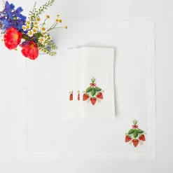 Strawberry White Linen Embroidered Napkins (Set Of 4)|Mrs. Alice New