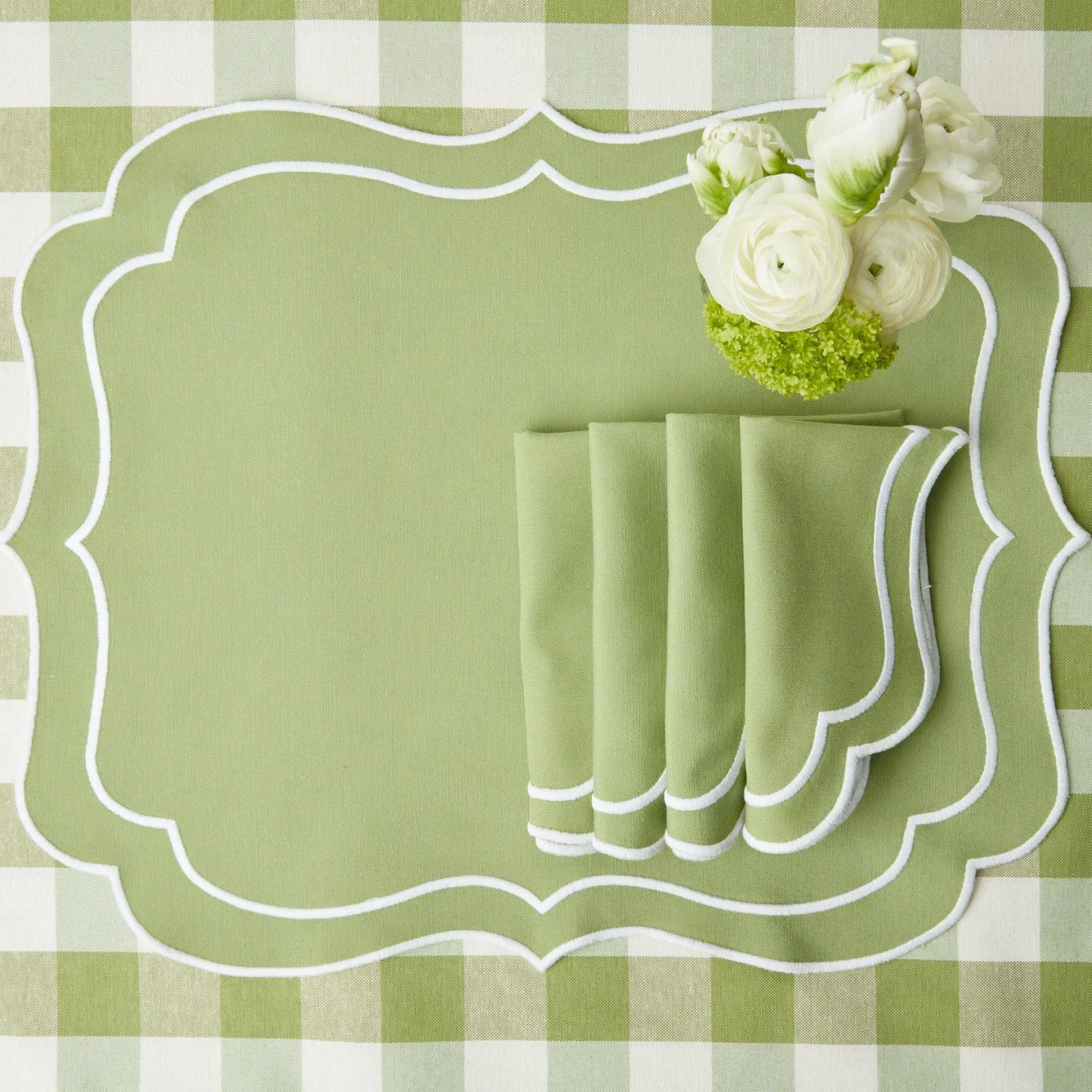Sylvie Green Embroidered Placemats & Napkins (Set Of 4)|Mrs. Alice Discount