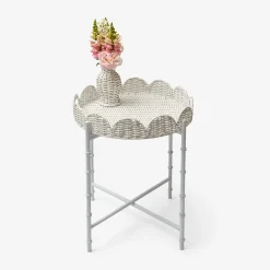 White Rattan Round Scalloped Tray With Stand|Mrs. Alice Hot