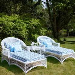 White Rattan Sun Lounger With Blue Ikat Cushion|Mrs. Alice Online