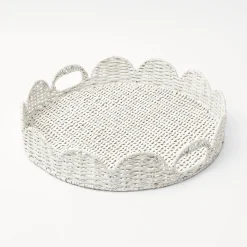 White Round Scalloped Rattan Tray|Mrs. Alice Discount